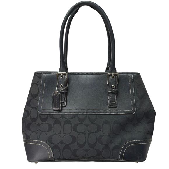 Coach Jacquard Hampton Tote Black Logo Y2K F11220 Fabric Leather Trim 2 Handles - Picture 2 of 13
